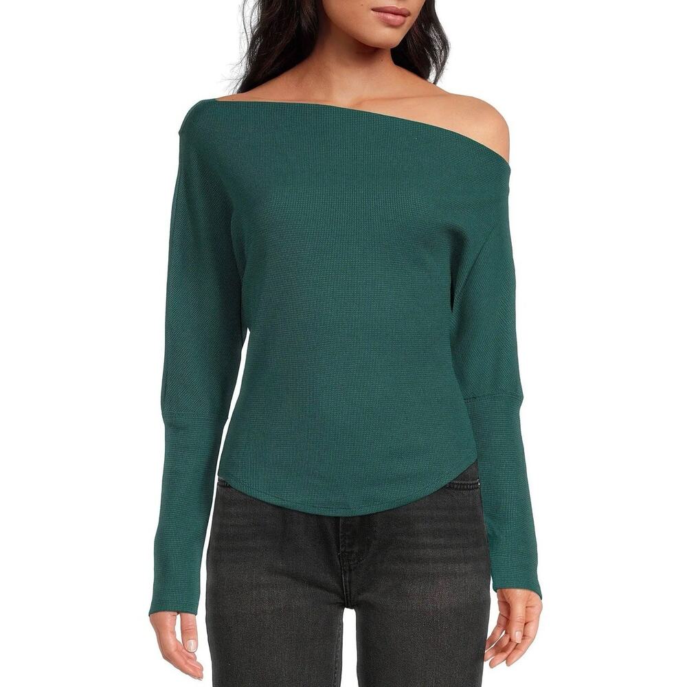 We The Free Fuji Thermal Top Sz XL Green Raglan Sleeve Off Shoulder Waffle Knit